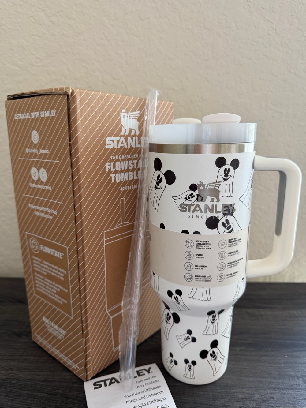 Stanley White Tumbler with Black Mickey-Style Print and Handle
